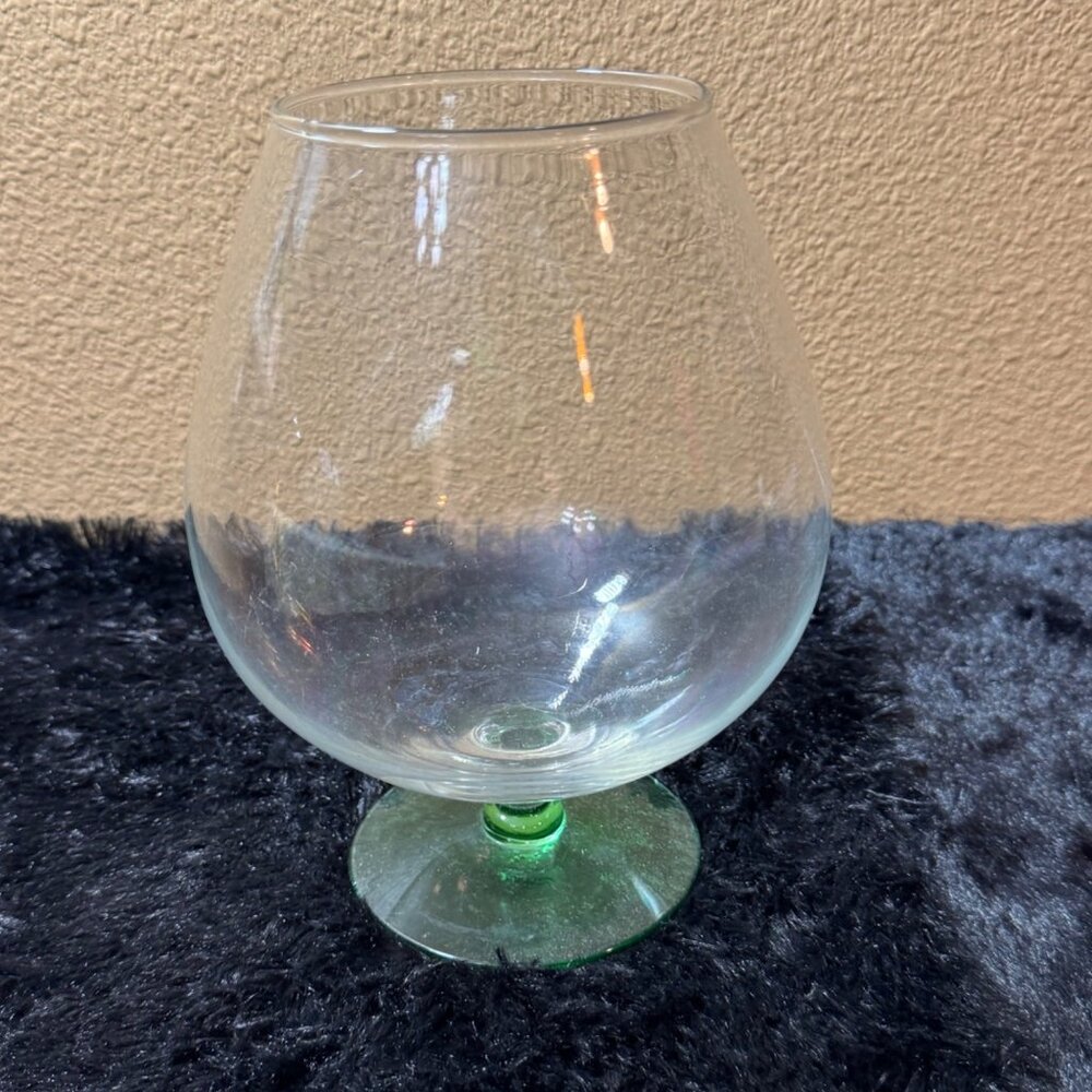 Vintage  8" Clear  Goblet Brandy Cognac Snifter Glass With Green Base